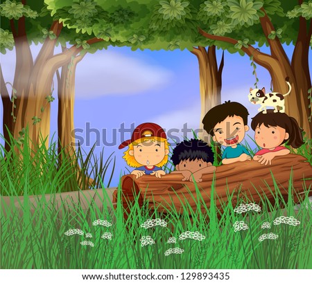 Illustration of four childrens playing in the forest