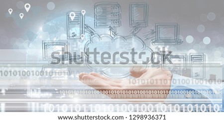 Male hand holding drawn computer icons isolated on white