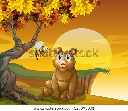 Illustration of a brown bear and a bee near the cliff
