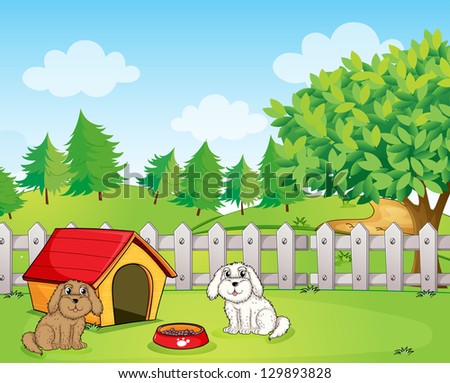 Illustration of a doghouse inside the wooden fence near the hill