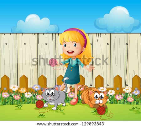 Illustration of a girl playing with her cats inside the fence