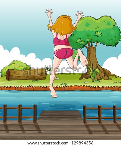 Illustration of a girl jumping at the wooden bridge
