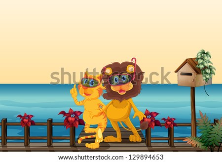 Illustration of a lion and a tiger at the bridge