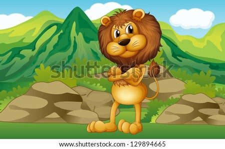 Illustration of a lion with a mountain view at his back