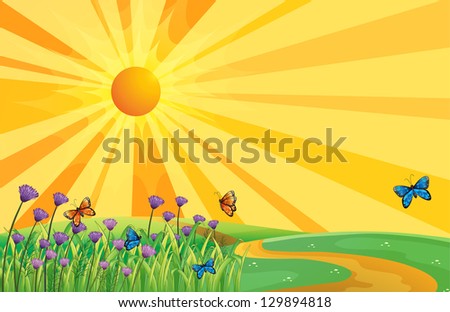 Illustration of a sunset view and the butterflies