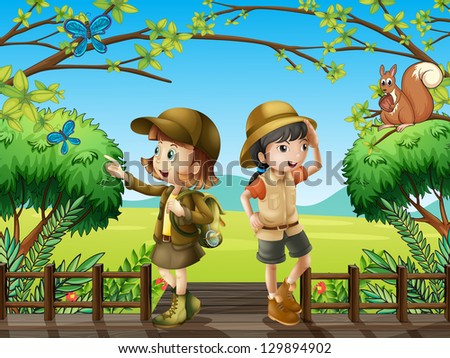 Illustration of a girl and a boy at the wooden bridge
