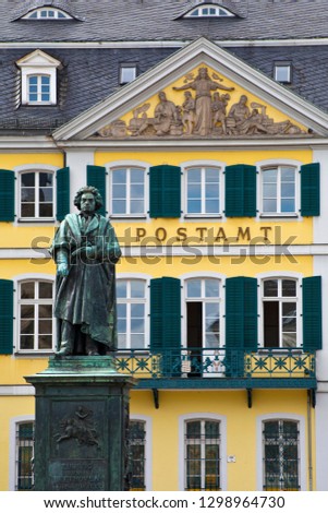 A statue of Ludwig Van Beethoven pictured infront of a former city palace - now the main post office, in the historic city of Bonn in Germany.  Beethoven was born in Bonn.