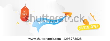 Horizontal Banner Big Sale 30 percen special offer. Paper airplane flying with red label on blue background with loudspeaker and clouds. Flat vector illustration EPS10
