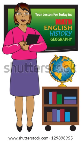 african american teacher in front of lcd screen with tablet, globe and book case.