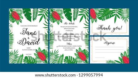 Wedding invitations set with flowers vector illustration. Design of cards, invitations, greetings for wedding.
