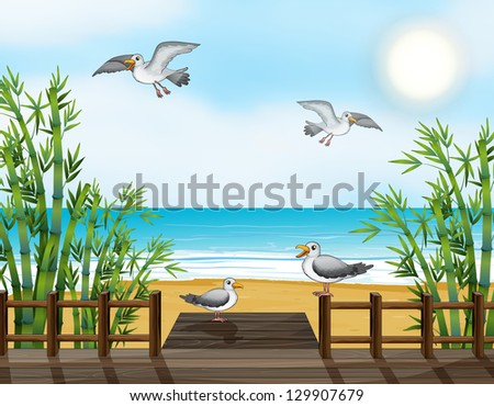Illustration of a flock of birds at the bridge