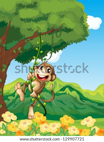 Illustration of a monkey clinging at the vine plant