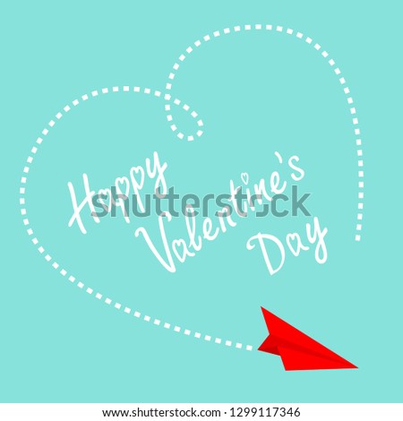 Red flying origami paper plane. Big dash heart in the sky. Happy Valentines Day Love card. Flat design. Blue background. Isolated. Vector illustration