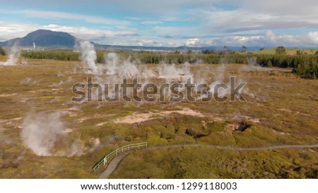 Craters of the moon natural park, Rotorua. Aerial view of New Zealand geysers.