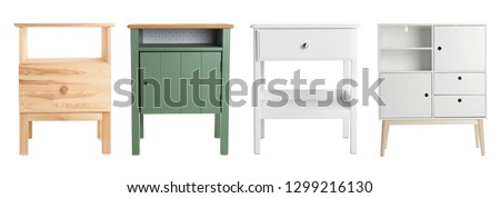 Set of different furniture for wardrobe isolated on white Royalty-Free Stock Photo #1299216130