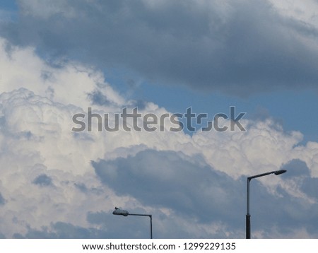 abstract view of dynamic spring cloudscape with blue sky on spring day with seagull sitting on street lamp. in the the concept of outdoors, clean air and nature 
