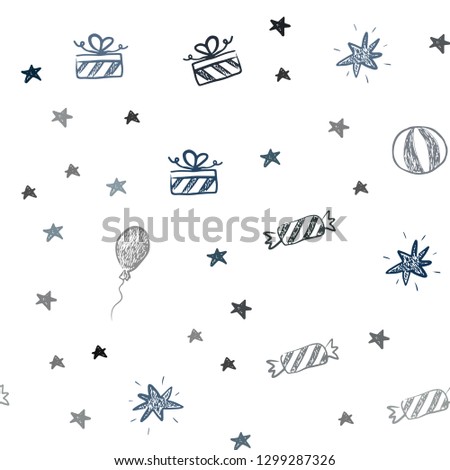 Dark BLUE vector seamless backdrop in holiday style. Design in xmas style with a toy car, baloon, candy, star, ball. Design for colorful commercials.