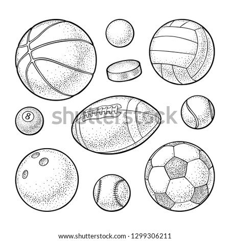 Set different kinds sport balls icons. Engraving vintage vector black illustration. Isolated on white background. Hand drawn design element for label and poster