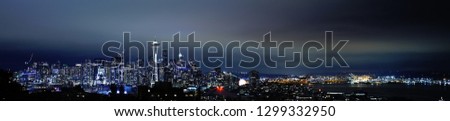 Panoramic view of Seattle downtown at night, Washington, USA. 2019