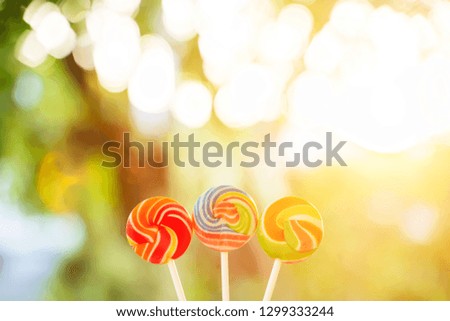 Closeup of rainbow lollipops with sunlight at sunset. Childhood and happiness concept.