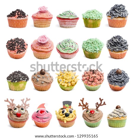 Cupcakes collection against white background in front of white background