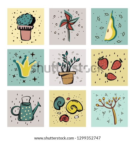 A set of nine squares with illustrations for a garden, natural theme. Cute pictures on a colored background. Nice design.