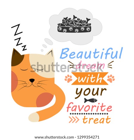Cute sleeping cat with creative inspiration. Vector design on a white background. Print on t-shirt or sticker. Romantic hand drawing illustration for kids.
