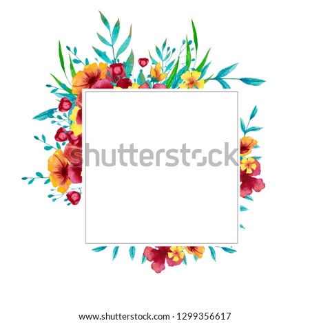 Watercolor blue, red and yellow square frame with flowers, leaves and branches. Hand drawn illustration.