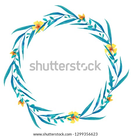 Watercolor blue and yellow wreath with flowers, leaves and branches. Hand drawn illustration.