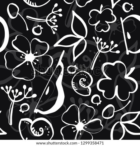 Seamless pattern of fruits and flowers. White contour style on a black background. Nice design.