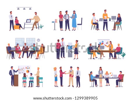 Teamwork or team building, office business meeting vector. Conference and brainstorming, annual report and statistics graphics, discussion and planning in flat style Royalty-Free Stock Photo #1299389905