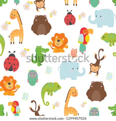 Cute wild animals seamless pattern background vector.