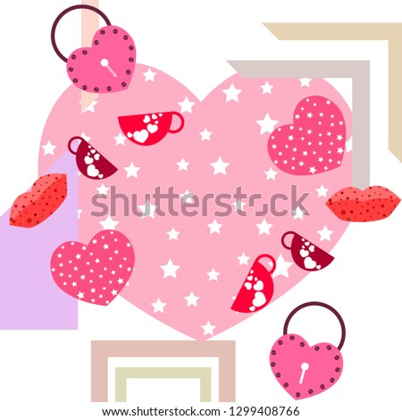 Valentine's Day, mug, lock, lips, heart, vector background
