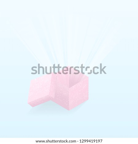 Pink open gift box with shining from inside isolated on blue background