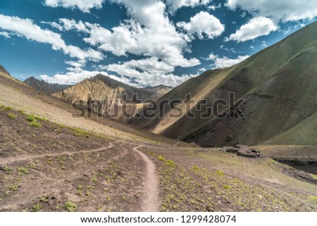 Panoramic view of hiking trail in beautiful Markha Valley in India in old Buddhist kingdom of Ladakh.