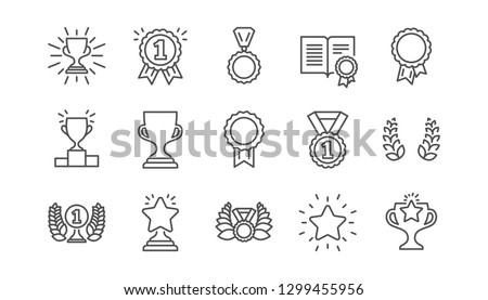 Award line icons. Winner medal, Victory cup and Trophy reward. Achievement linear icon set.  Vector Royalty-Free Stock Photo #1299455956
