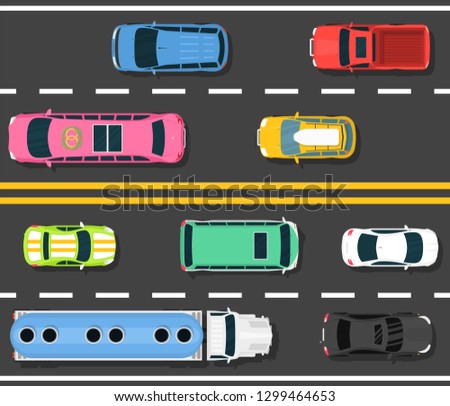 Car road topview vector illustration. Choosing the best car for transportation banner, poster, brochure, flyer. Different vehicles riding. Heavy traffic in city. Two-sided road. Royalty-Free Stock Photo #1299464653