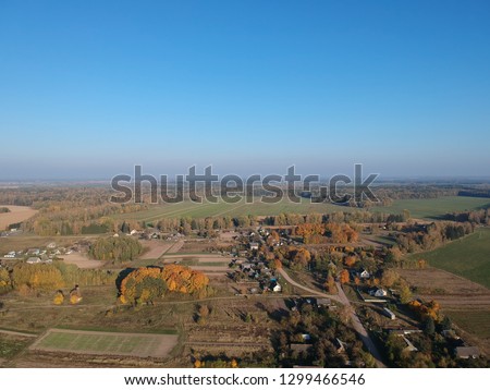 Aerial/drone photo of countryside in early autumn. Minsk region of Belarus. 