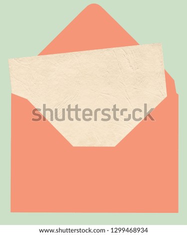 Opened color envelope with invitation card isolated on green background. Detailed mockup.