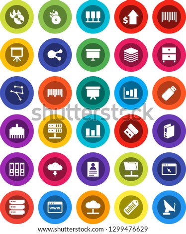 White Solid Icon Set- presentation vector, archive, personal information, graph, dollar growth, binder, board, barcode, music hit, social media, network, server, folder, cloud, big data, browser