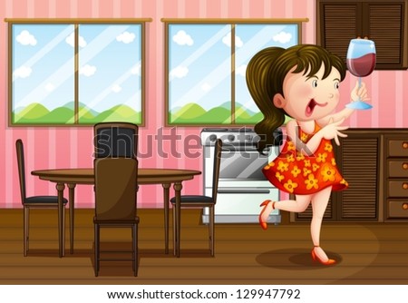 Illustration of a girl holding a glass of wine in the kitchen