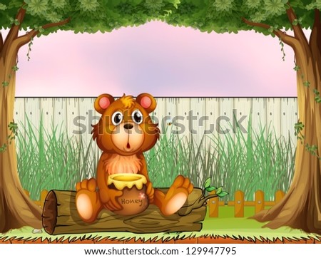 Illustration of a bear above a trunk holding a honey