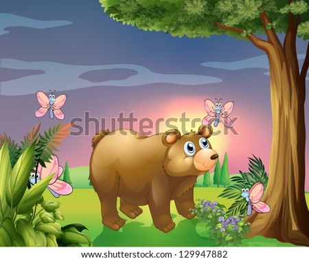 Illustration of a bear under the tree with four butterflies