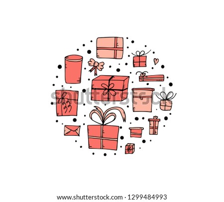 Circle composition of gift boxes. Collection of holiday presents in doodle style. Vector illustration.