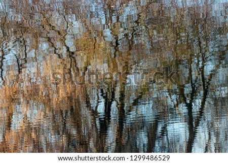 Blurred water reflections of autumn trees with waves and ripples. Abstract pattern artistic background.