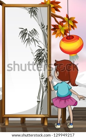 Illustration of a girl in front of a bamboo painting