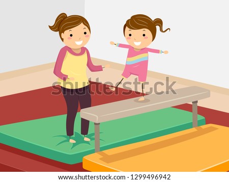 Illustration of Stickman Kid Girl Gymnast Walking on a Balance Beam with a Coach Watching
