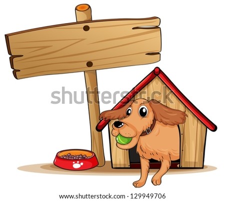 Illustration of a dog with a doghouse beside an empty signage on a white background