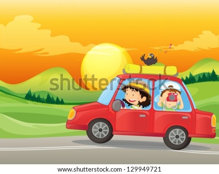 Illustration of a girl and a boy riding in a red car