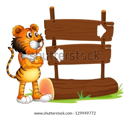 Illustration of a wooden signboard with a tiger on a white background